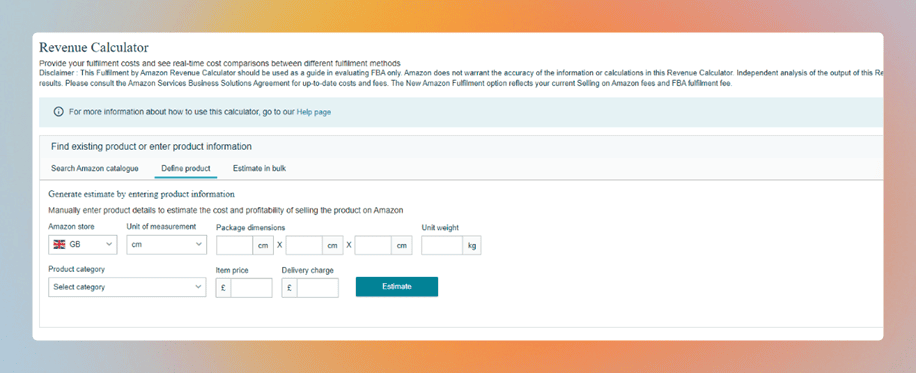 A screenshot of the Amazon Revenue Calculator where Sellers can add custom products.